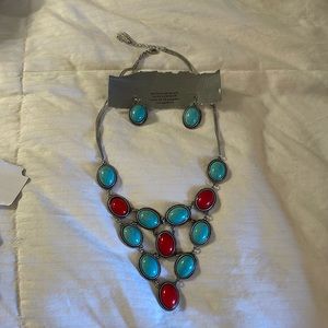 Necklace and earrings. Turquoise and red